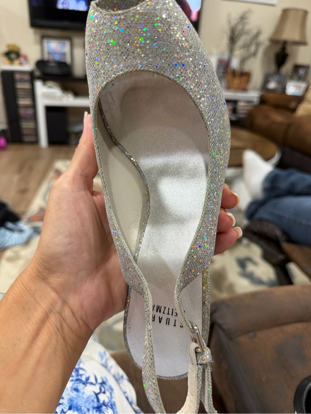 Stuart Weitzman Silver Glitter Platform Slingback Heels - Picture 2 of 5